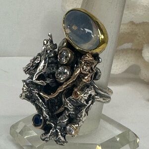 Unique sterling Silver and Gold Statement Ring with moon stone
